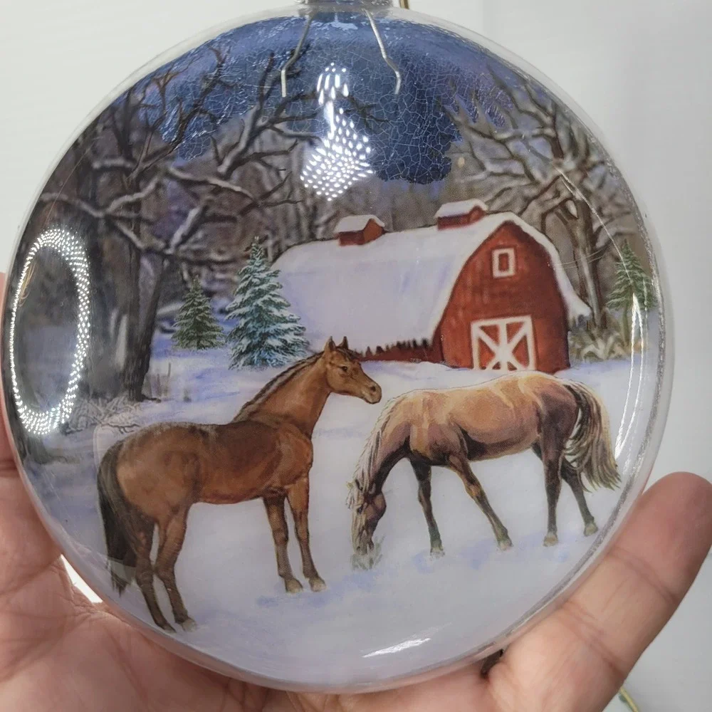 Roman Inc Christmas Ornament Winter Scene‎ Horses Barn Silver Disc 2011 NEW RARE